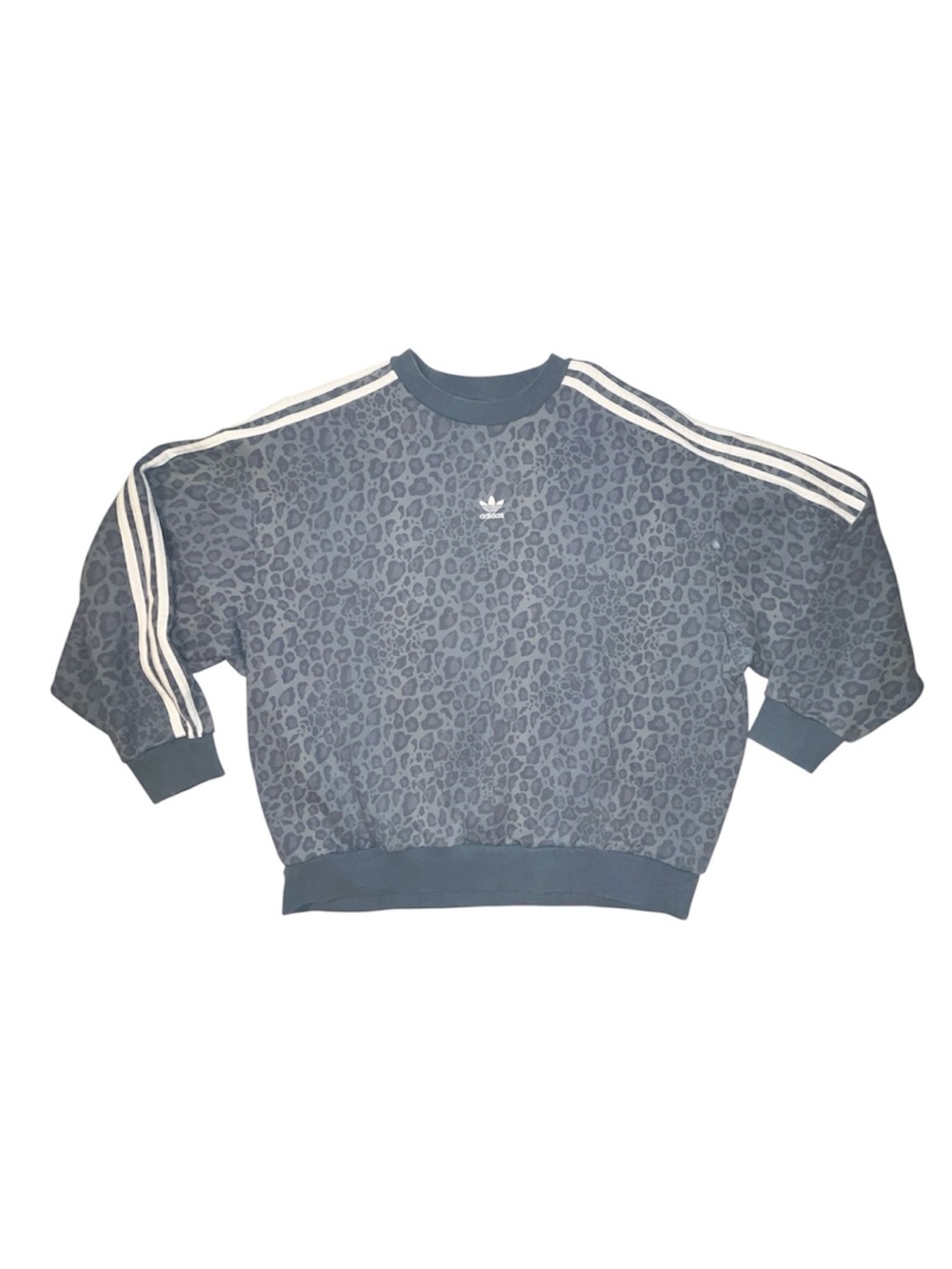 Adidas Blue Leopard Print Crewneck Sweatshirt Stripes Down Arms Size S Oversized